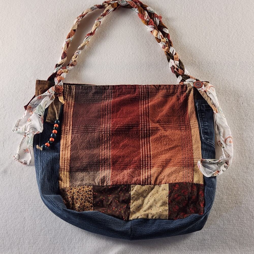 Shoulder Bag Patchwork Quilted Calico Braided Strap Boho Cottagecore